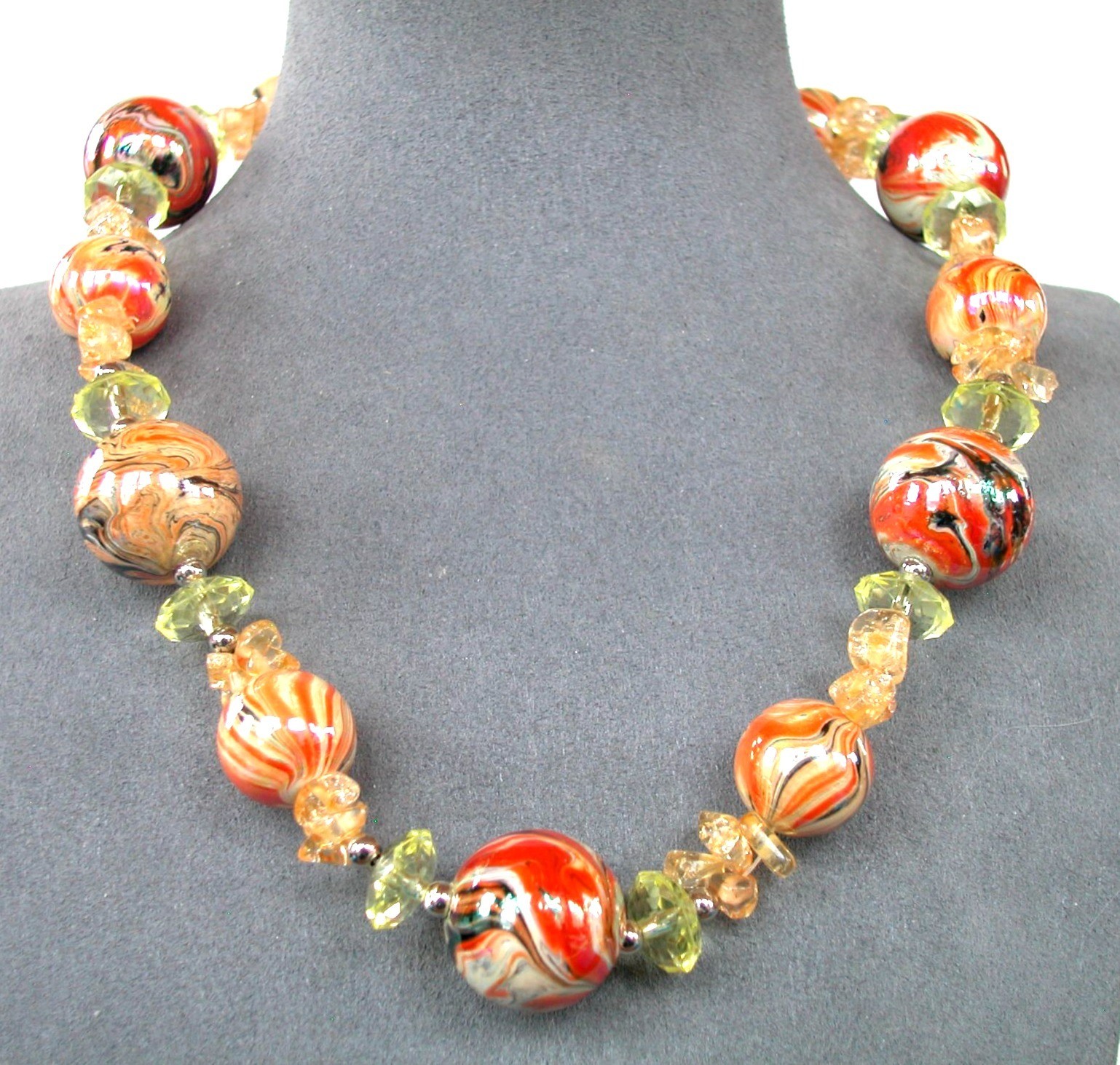 Beaded Necklace 18″ W/ 4″ Ext. Multicolor Swirl Beads & Yellow Crystal Accents