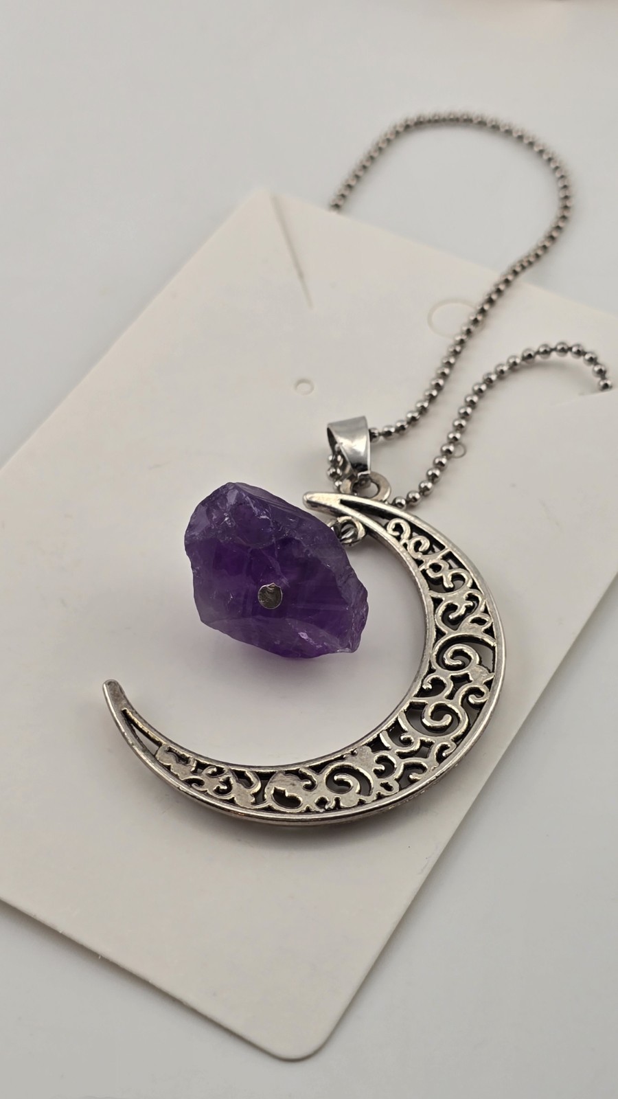 Crescent Moon Necklace with raw amethyst stone dangle, Silver Tone Crescent Moon