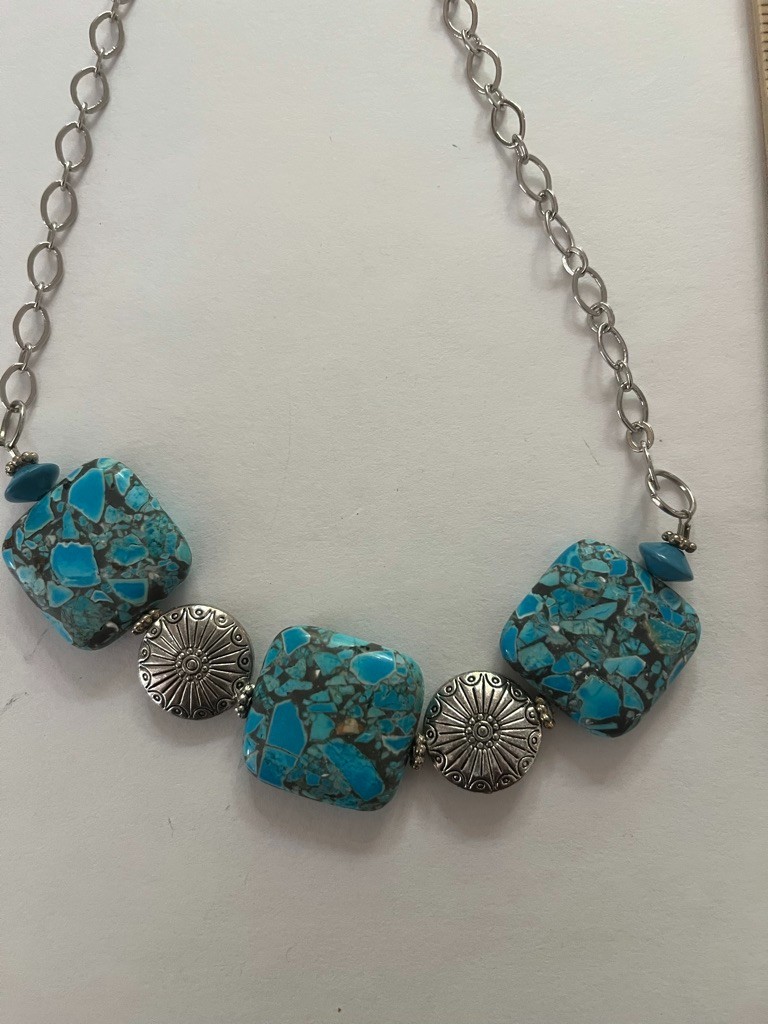 Turquoise Statement Necklace Square Dyed-howlite wth Ornate Silver Metal Beads
