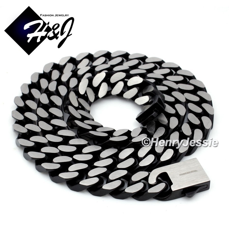 16″-40″Stainless Steel 10mm Black Plated/Brushed Silver Miami Curb Necklace*N173