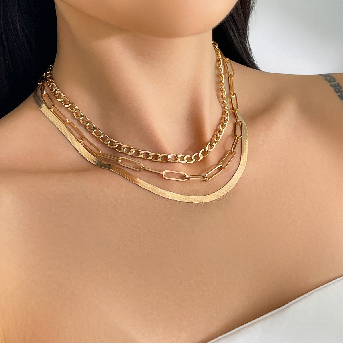 Gold Plated Stacked Snake Paperclip Figaro Chain Mixed Layered Choker Necklace