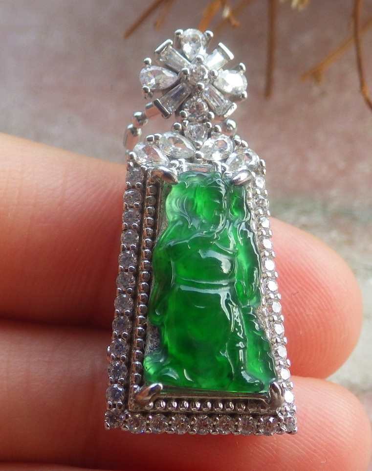 Video Certified Silver 925 Green A Jade jadeite Pendant Guan Gong God 124818 TS