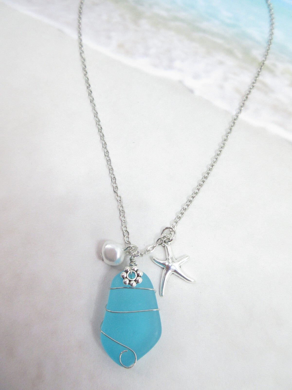 Beach Sea Glass Necklace Blue Silver Starfish Pearl Charms Turquoise Silver New