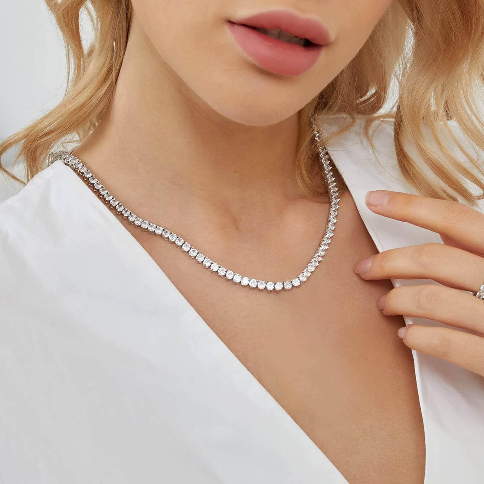 4mm Tennis Necklace for Women & Men – 18K White Gold Plated CZ Diamond Chain, 16
