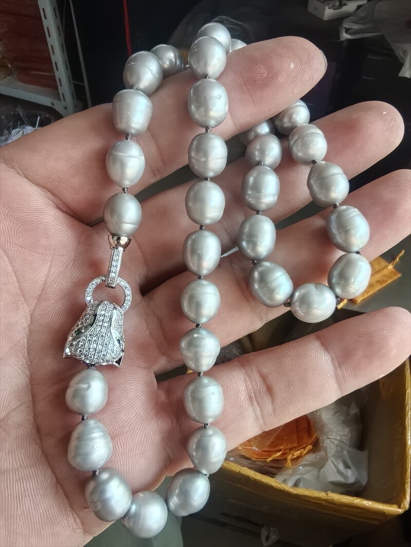 Authentic Large 12-9mm Natural gray BAROQUE Pearl Necklace 18 inches 925
