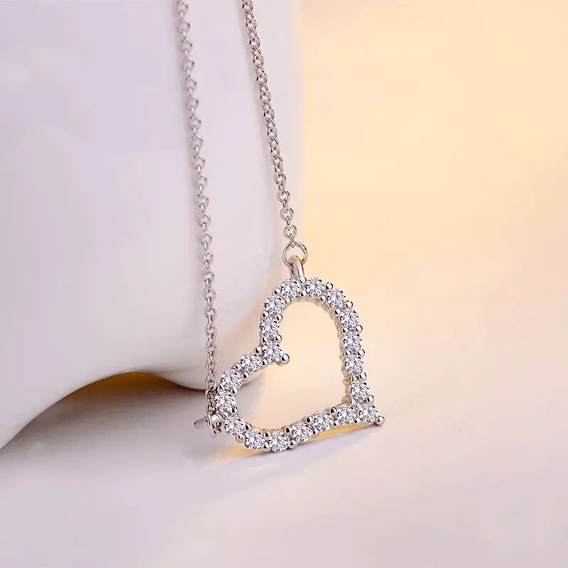 925 Sterling Silver Plated Open Heart Pendant Necklace Cubic CZ Love 17″ N38