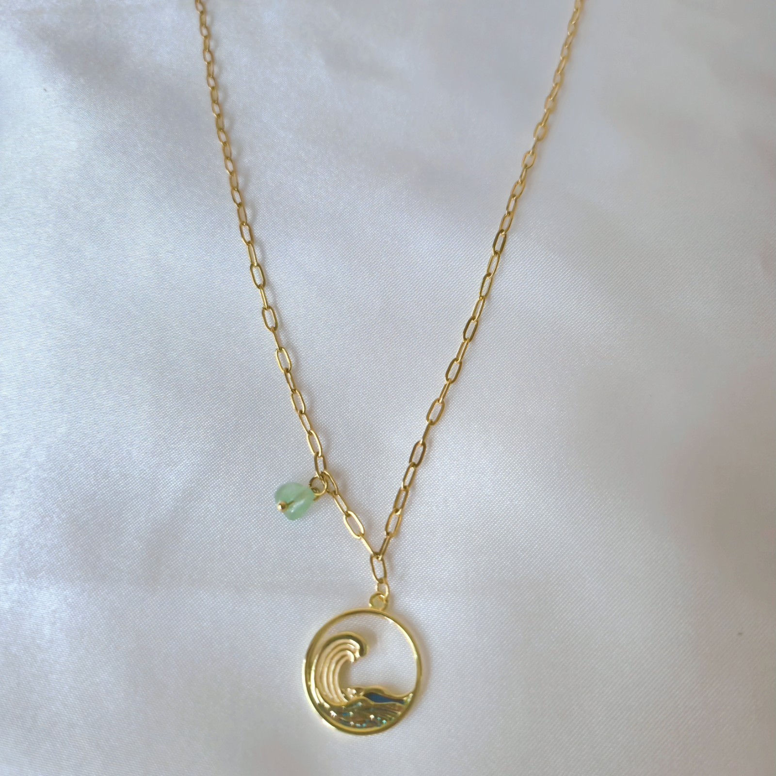 18K Gold-plated Link Chain Necklace w/ Round Wave Charm Pendant & Green Crystal