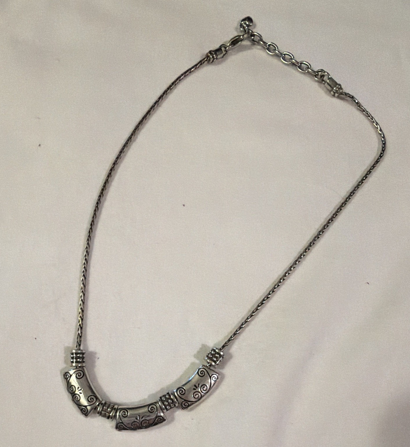 Silver Tone Braided Chain Necklace Curved Engraved Bar, Lobster Clasp Adjustable