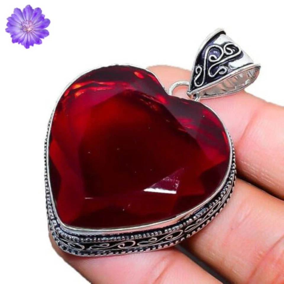 Red Garnet Gemstone Handmade 925 Sterling Silver Jewelry Heart Cut Pendant