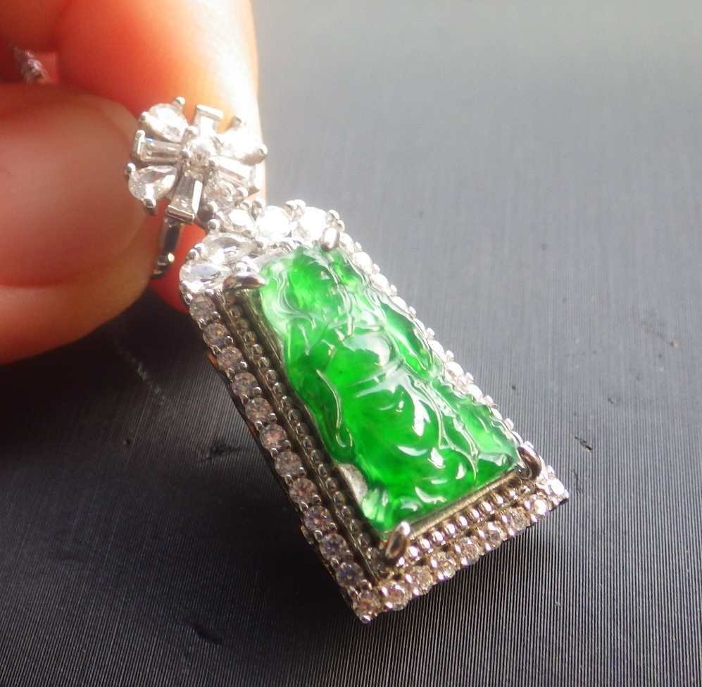 Video Certified Silver 925 Green A Jade jadeite Pendant Guan Gong God 124818 TS