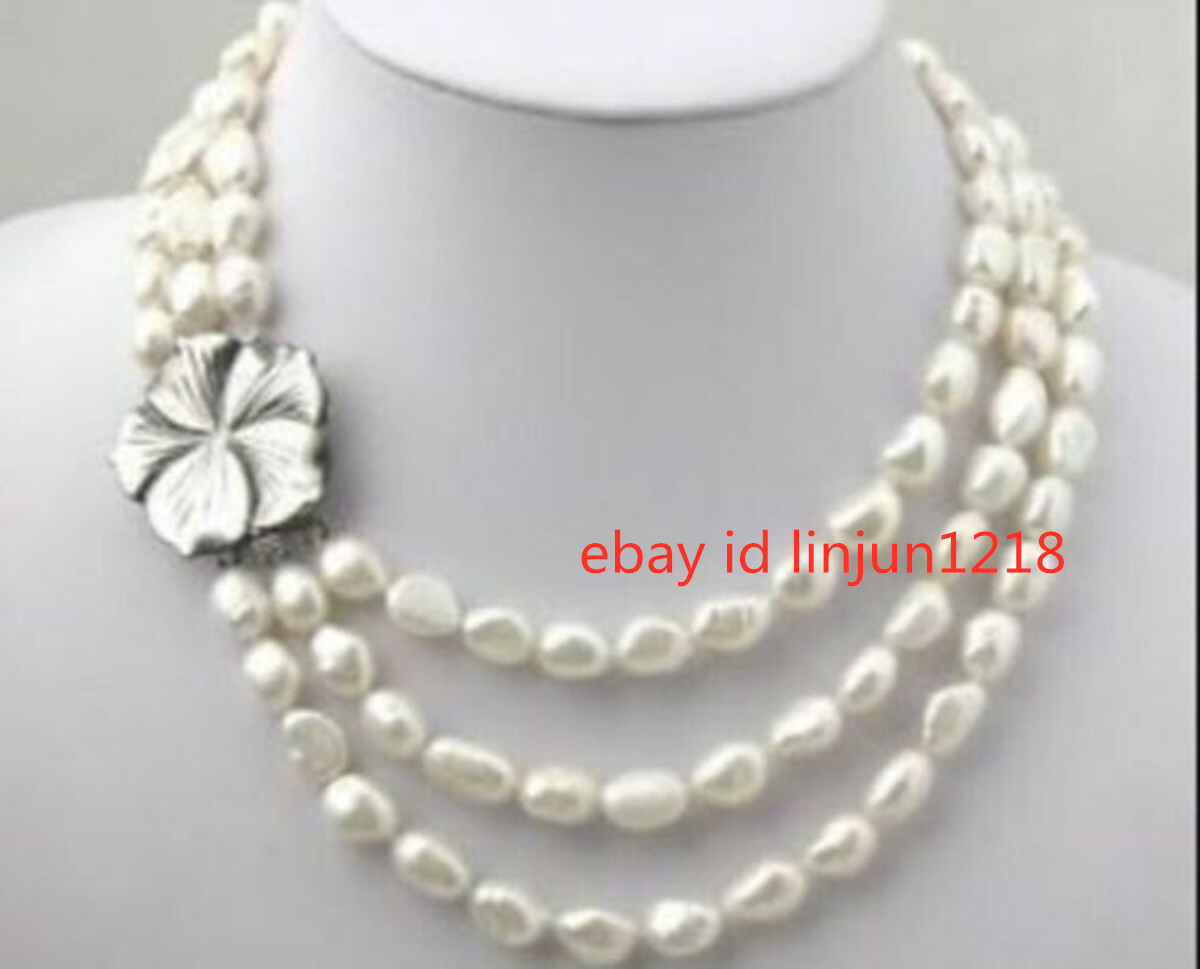 3 Rows 8-9mm Natural White Baroque Pearl Beads Necklace 18-20”
