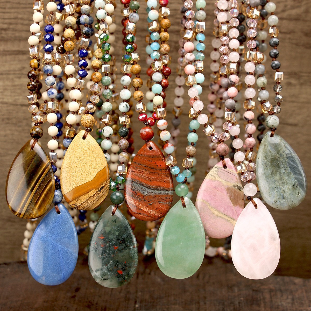 New Vintage Natural Stone Pendant Necklace For Women Knot Necklace Sweater Chain