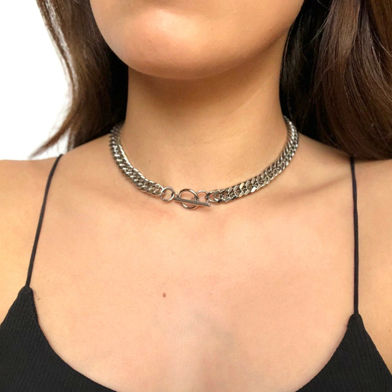 Toggle S.Steel Curb Chain Choker Silver Necklace Non Tarnish Hypoallergenic