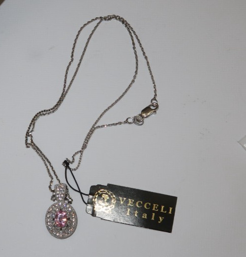 Vecceli Italy Sterling and Pink and Clear CZ Necklace