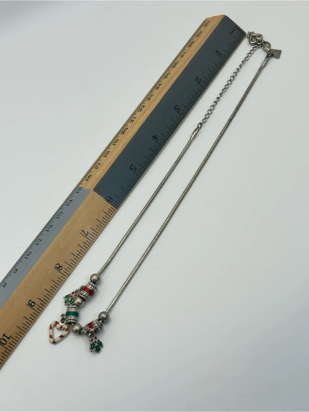 Cookie Lee Holiday Charm Necklace Red Green Silver-Tone Candy Cane Heart 18″ VTG