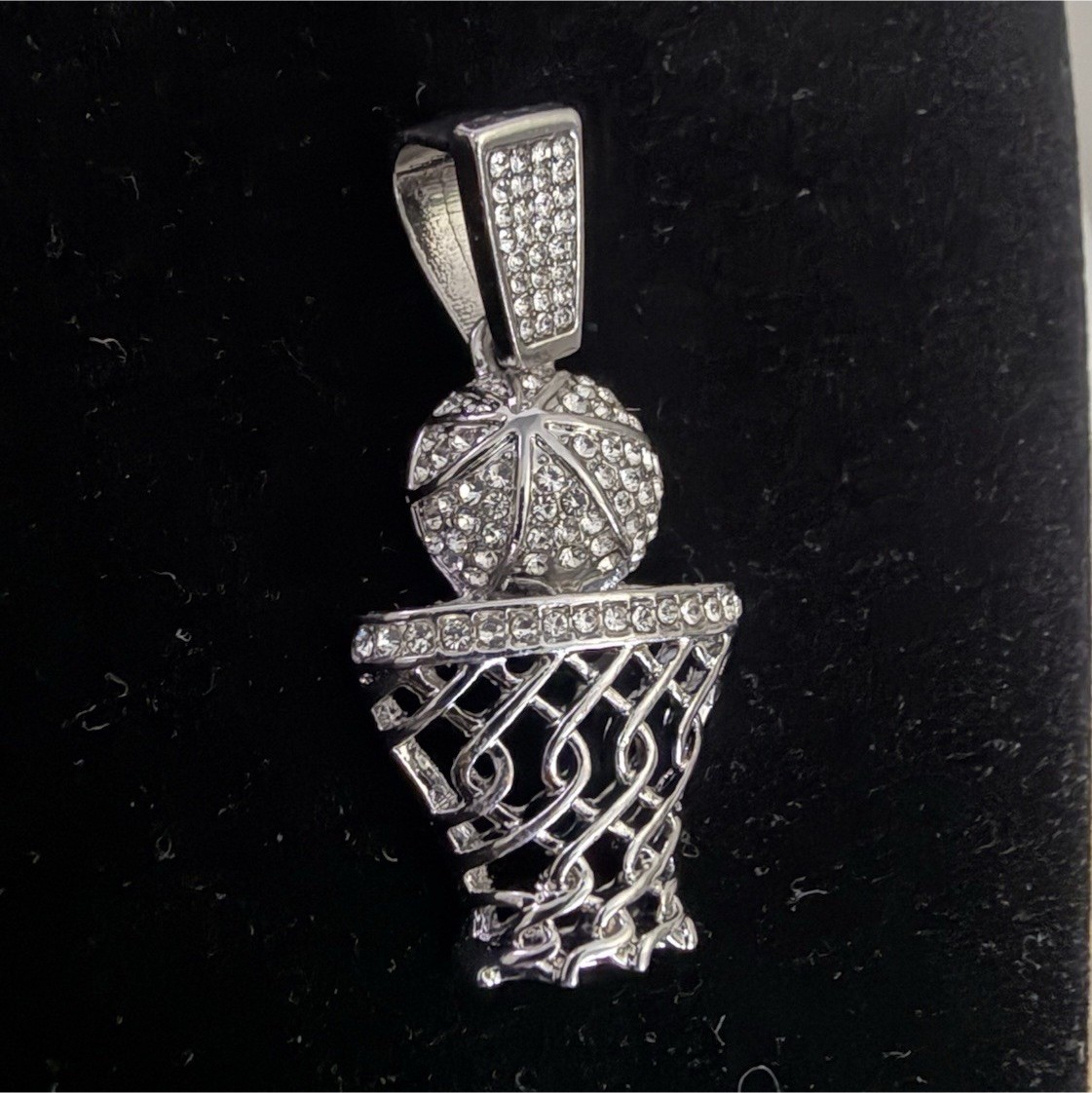 Silver Tone Basketball Hoop Net Charm Pendant Clear Pavé Simulated CZ