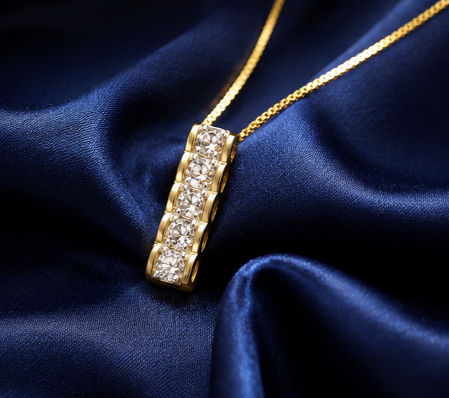 Elegant Bar Pendant Necklace–Round Cut Simulated Diamond 14K Yellow Gold Plated