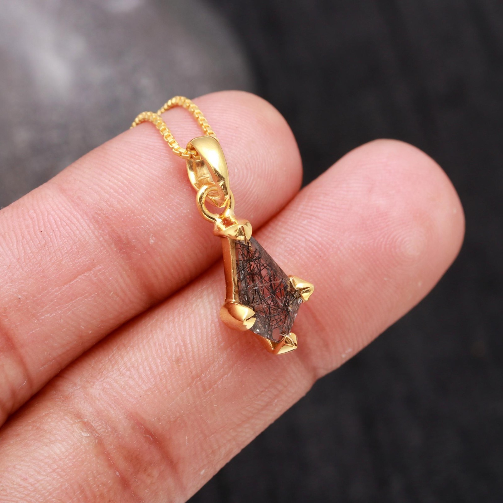 Natural Black Rutile Kite Chain Pendant Gold Plated 925 Sterling Silver Jewelry