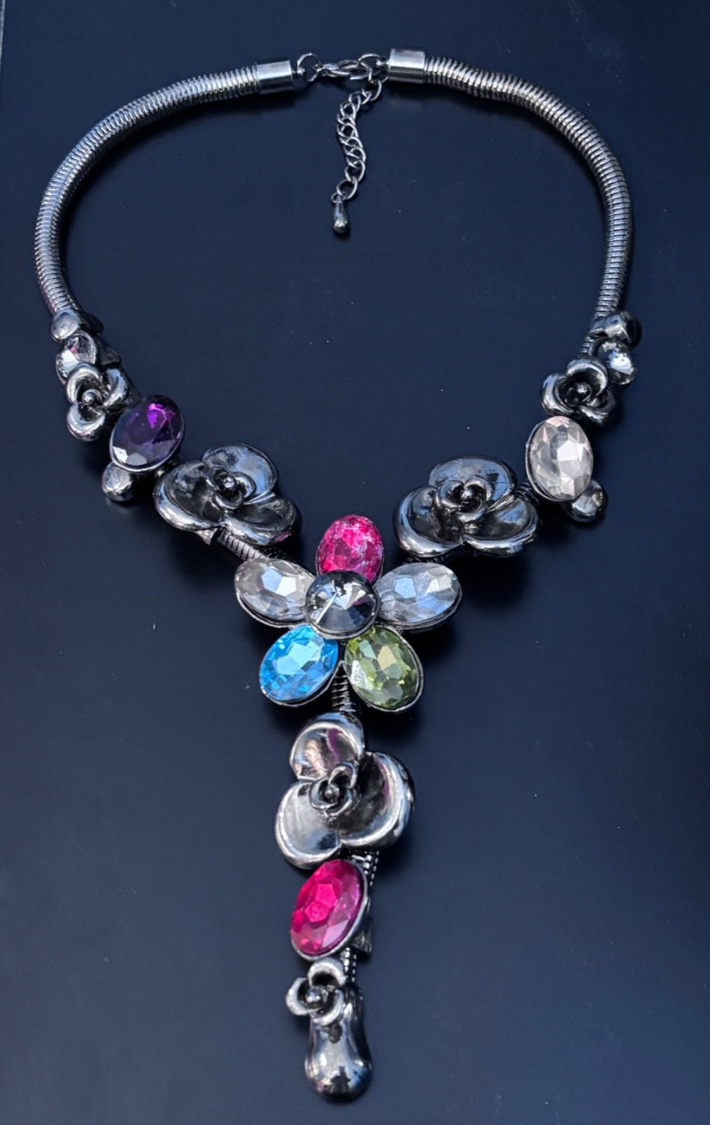 VTG Gunmetal Gray Snake Chain Choker Floral Statement Necklace Multicolor Stones