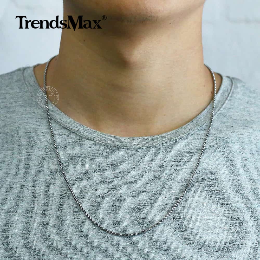1.5-4mm Silver Tone Stainless Steel Round Box Necklace Men Women Chain 18-28″