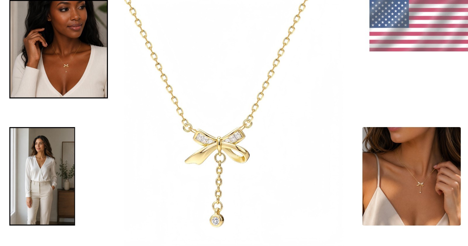 Charming Gold Necklace Set: Heart & Bow Designs with Sparkling Cubic Zirconia
