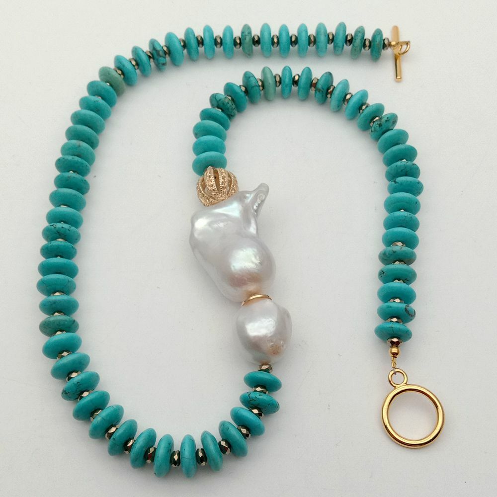 20″ Freshwater Cultured White Keshi Pearl Blue Disc Turquoise Necklace