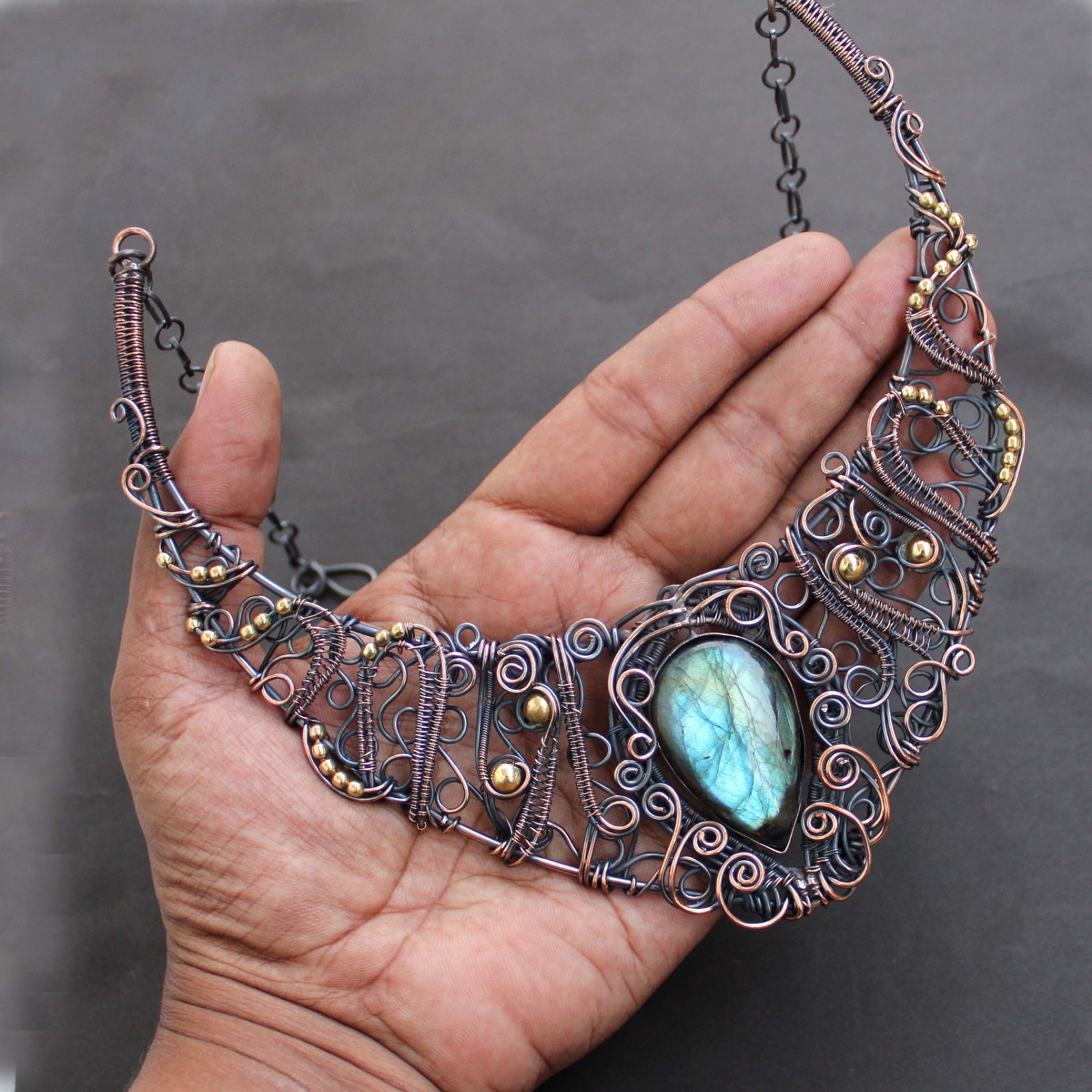 Natural Labradorite Necklace Jewelry Copper Wire Wrapped Chain Necklace 18.0″