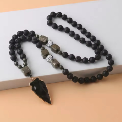 Black Obsidian Arrowhead Pendant lava Rock Pyrite Beads Meditation Necklace
