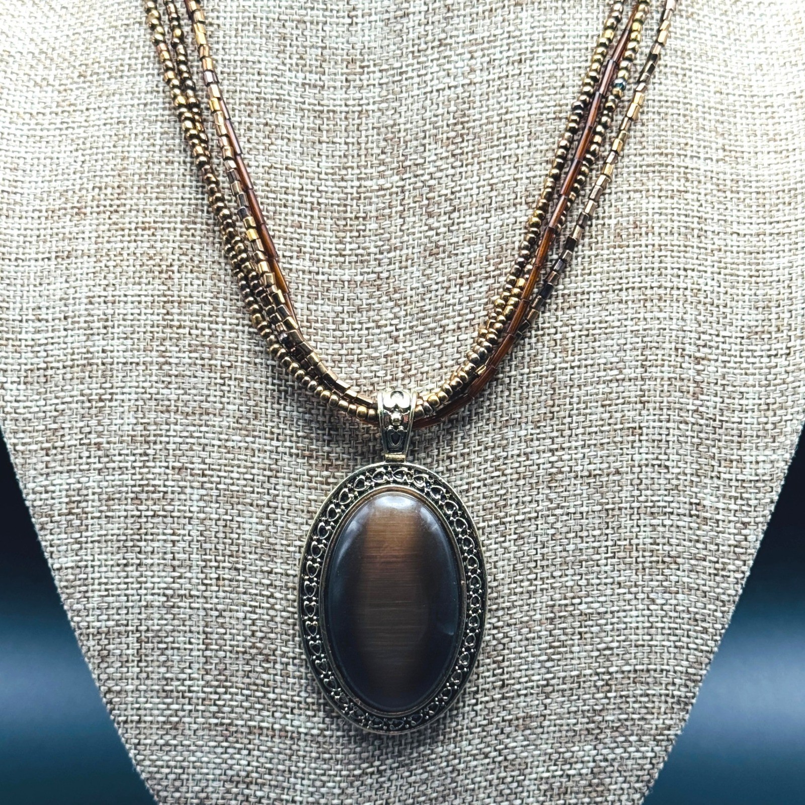 Brown Cats Eye Pendant Multi Strand Seed Bead Necklace Bronze Gold Boho Bohemian