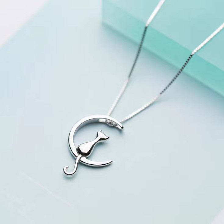 925 Sterling Silver Cat On Moon Crescent Pendant Necklace Christmas 18″ Chain