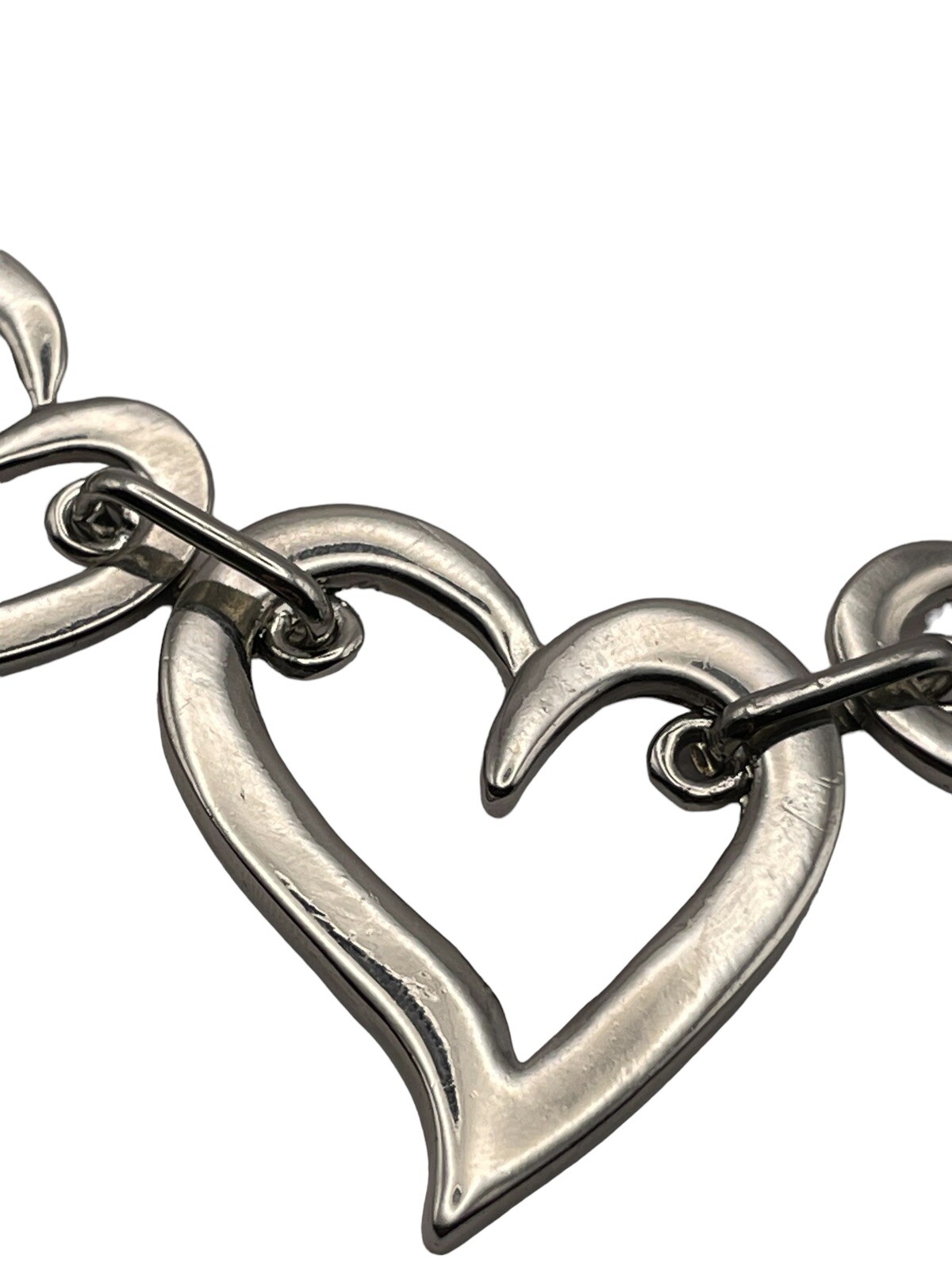 Open Heart Shiny Silver Tone Link Collar Necklace Adjustable Modern Contemporary