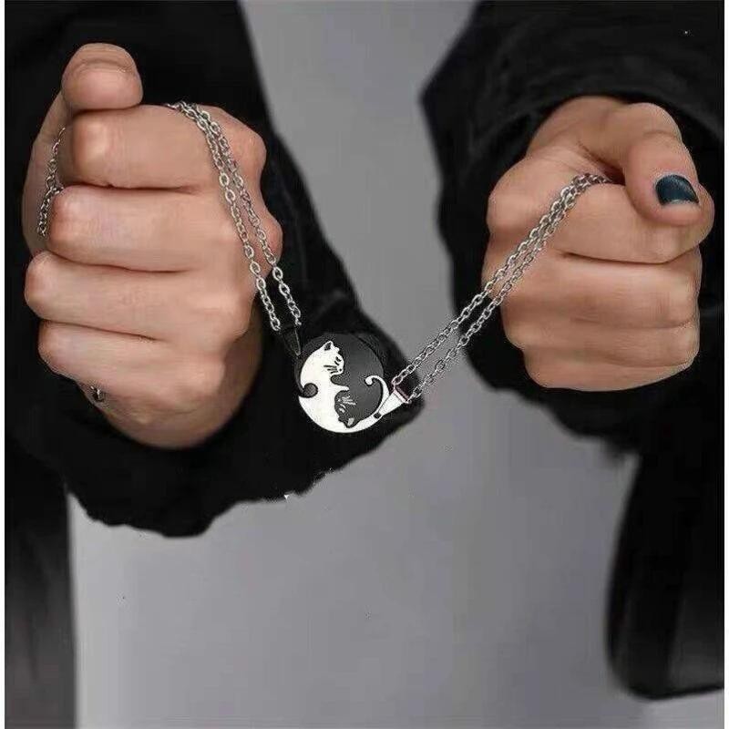 Two Cat Couple Necklaces Jewelry Stainless Steel Black White Kitten Animal Penda