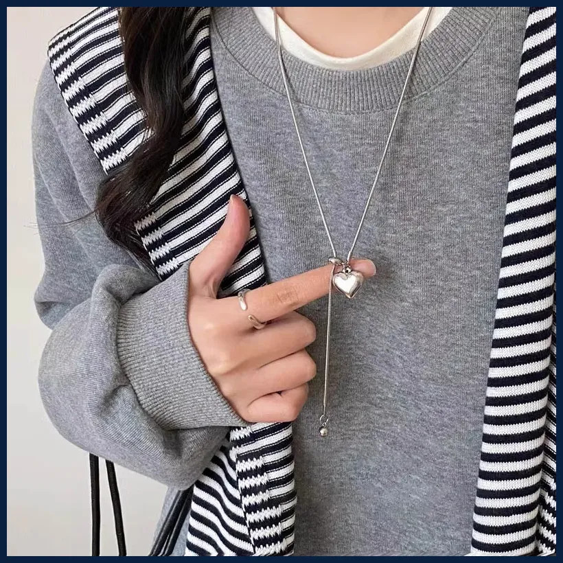 Stainless Steel Heart Pendant Necklace Women Adjustable Long Chain Jewelry Gift