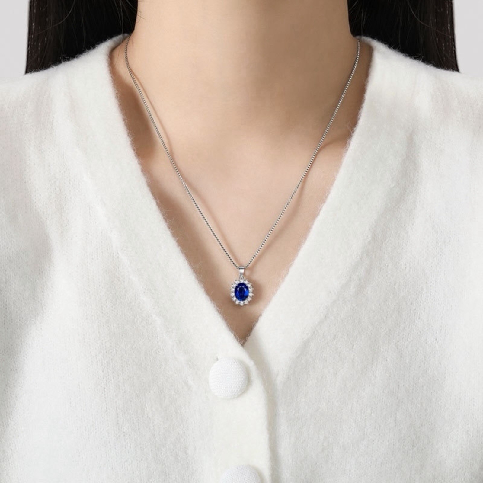 Fashion Women 925 Sterling Silver Necklace Crystal Simulated Sapphire Style A75