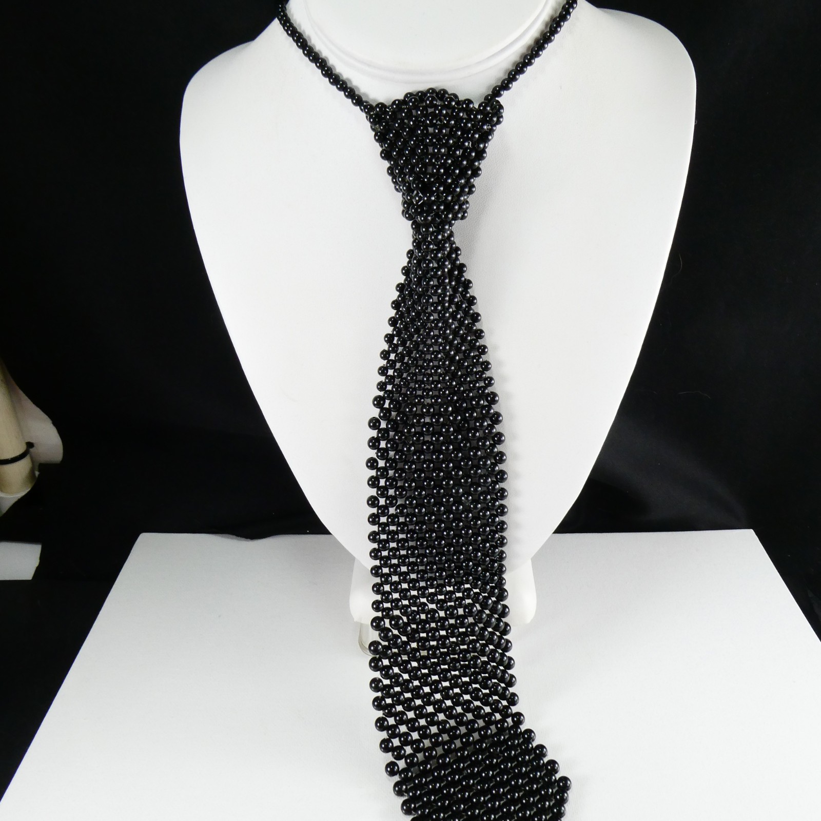 Black Beaded Tie Shaped Fashion Necklace Hook Clasp Collar Choker Long TIE 12″