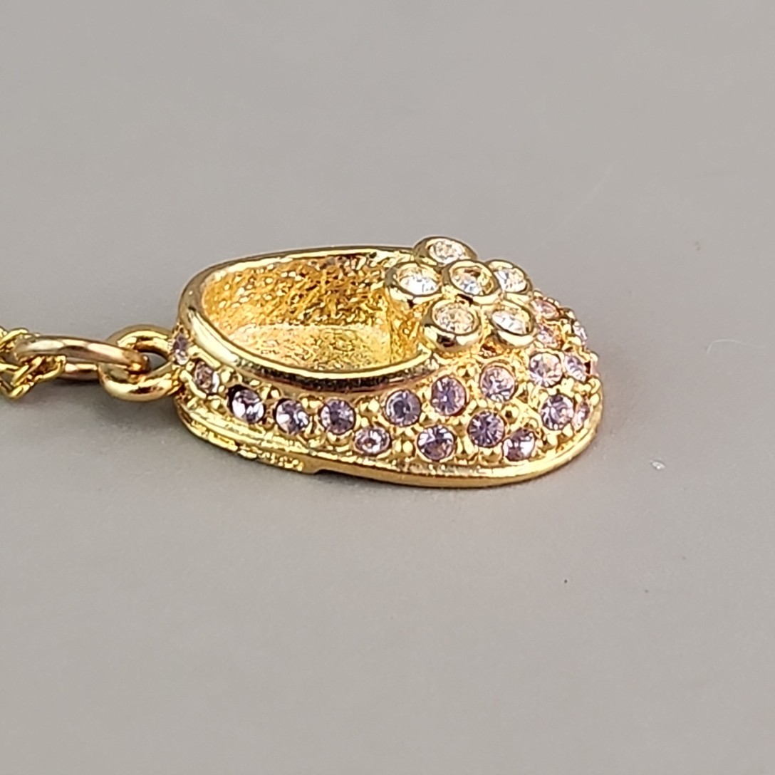 Firenza Baby Shoe Charm Necklace May Birthstone Clear Rhinestones Gold Tone 17mm