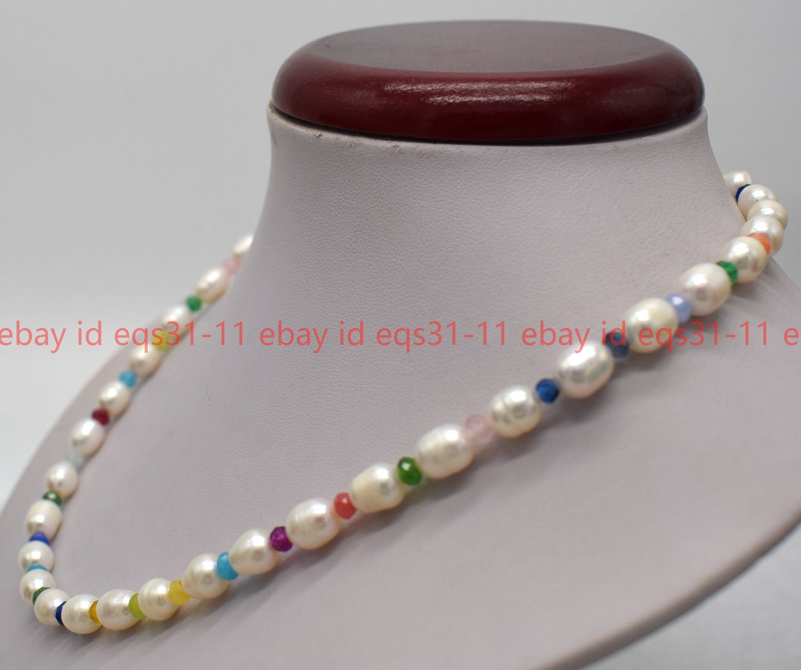 9-10mm White Baroque Pearl & 2x4mm Muliticolor Rondelle Jade Necklace 16-24″