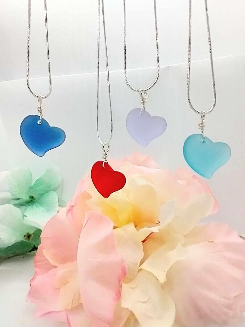 Valentines Gift Necklace Silver Sea Glass Heart Pendant Gold Snake Chain
