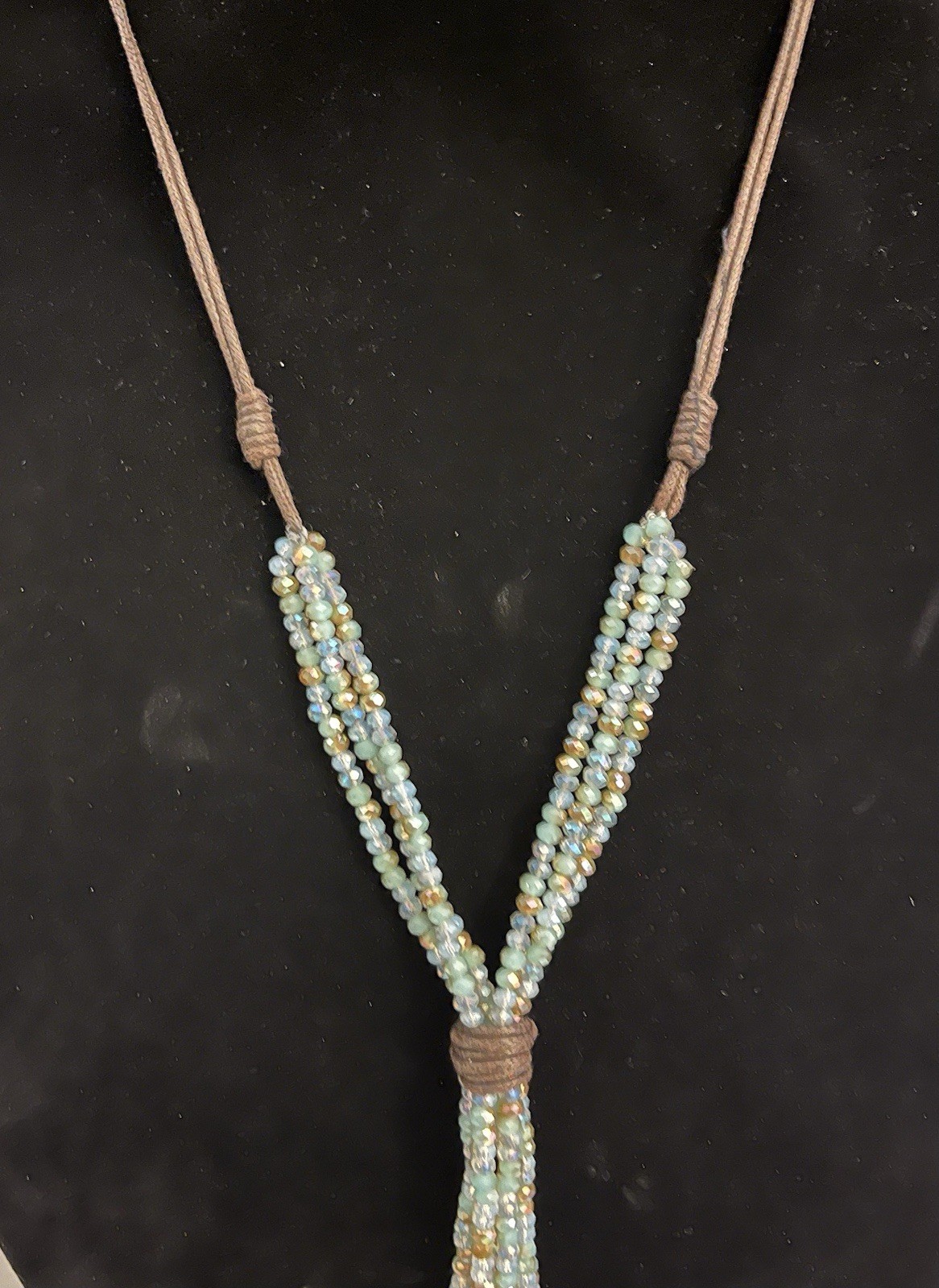 Signed Multi-Strand Jamie Rocks NYC Long Crystal Tassel Style Seafoam Necklace