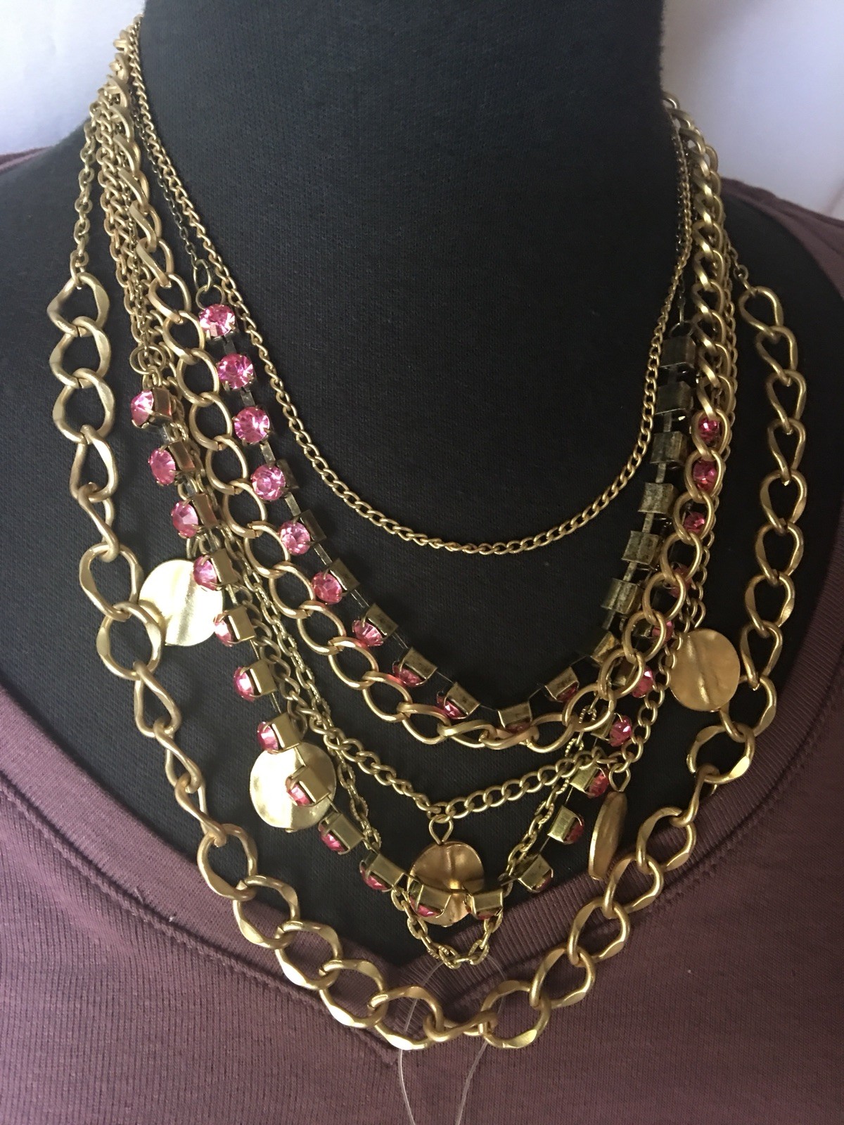 Hot Pink And Gold Multi Strand Chain Necklace Retail $24.99-New
