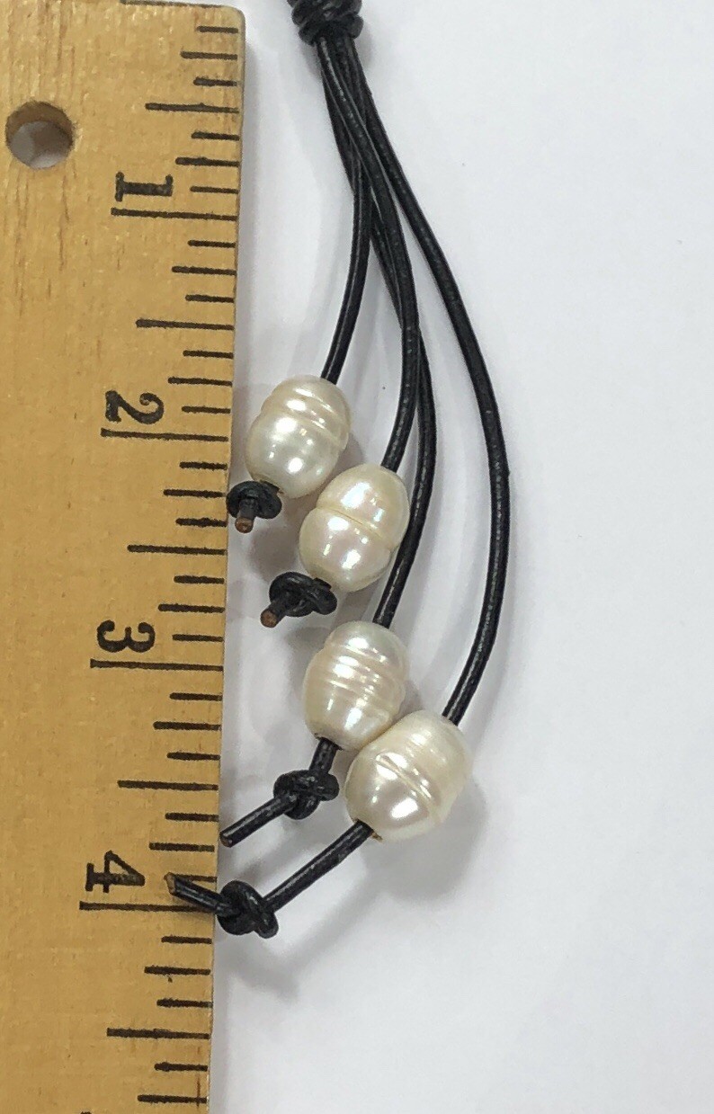 Baroque Pearl Necklace Leather Cord Station Tassel – 26 inch Length