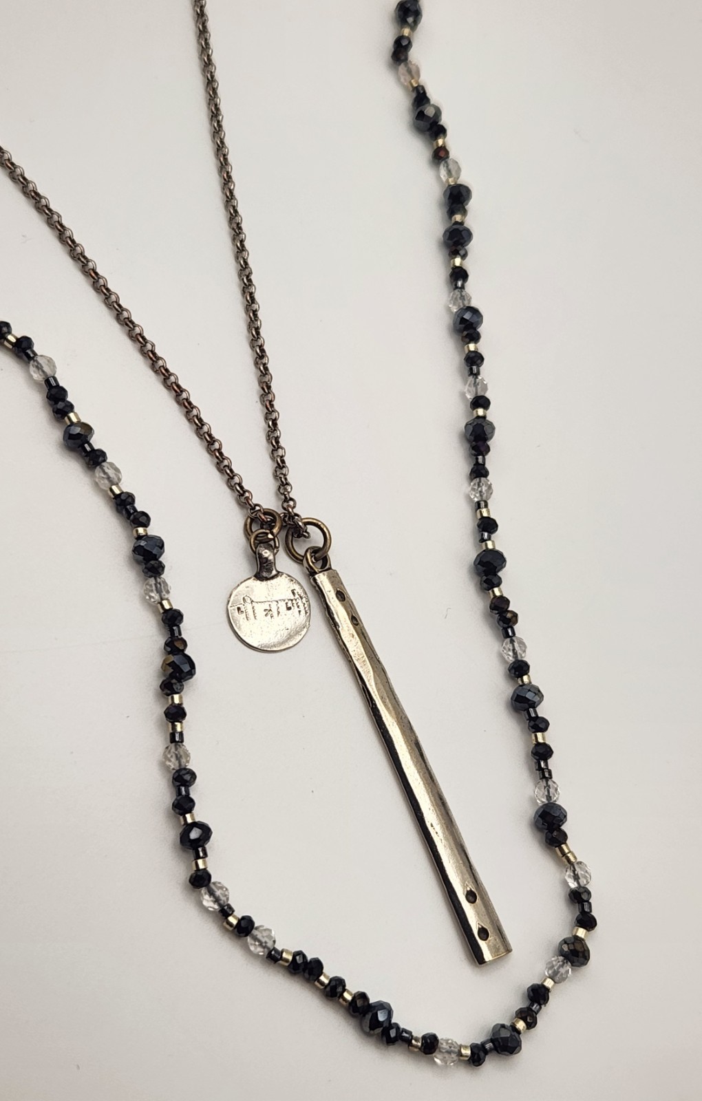 Chan Luu 42″ Layered Black Crystal Beaded Necklace Silver Tone Bar Pendant Boho