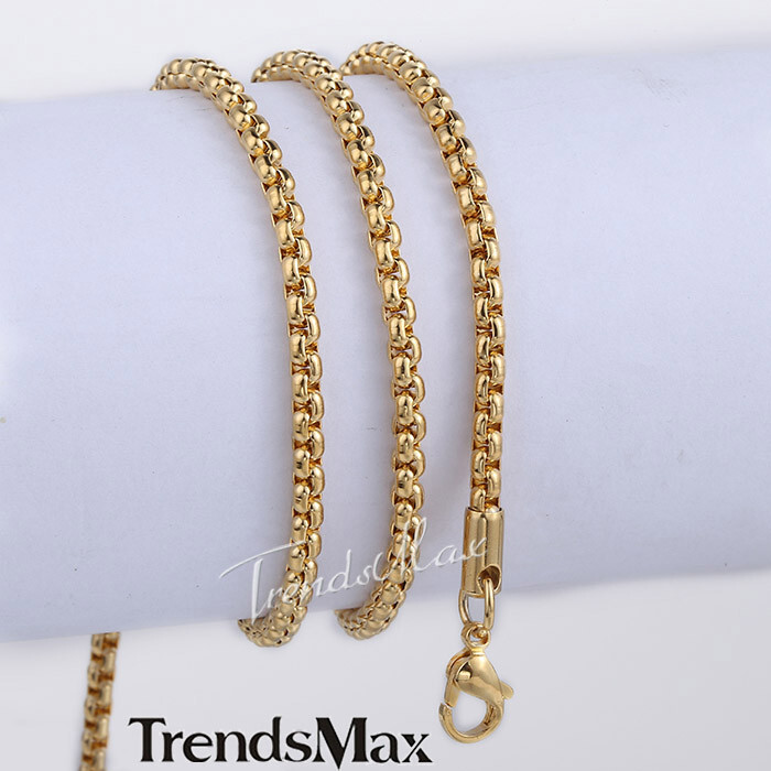 4mm Mens Womens Chain Gold Plated Stainless Steel Round Box Link Necklace 18-28″