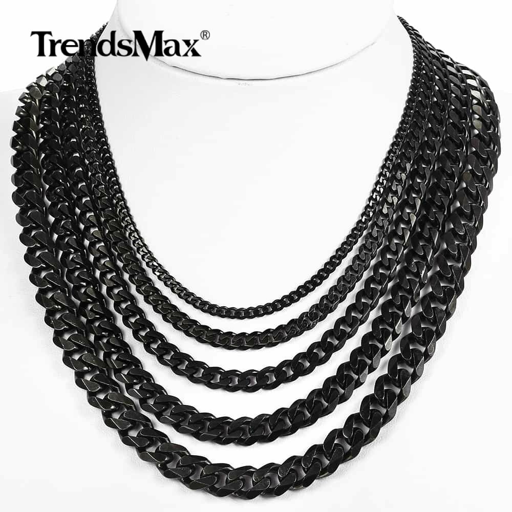 3.5/5/7/9/11mm Black Stainless Steel Curb Cuban Chain Necklace Choker Men Women