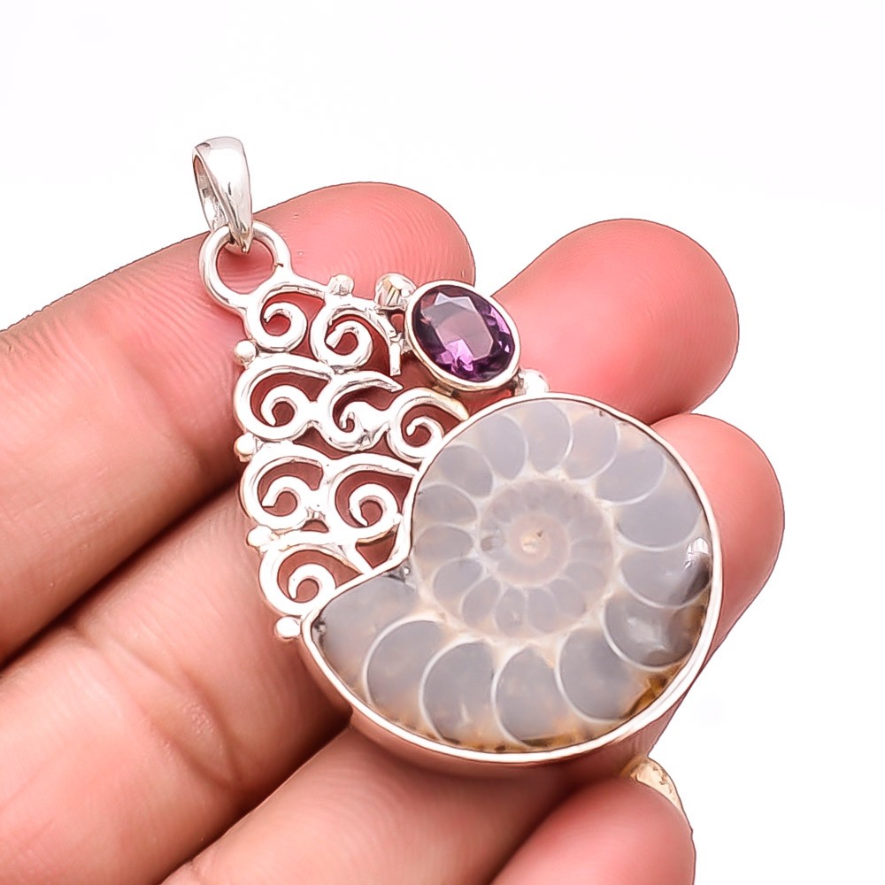 Ammonite – Fossil & Purple Amethyst – Brazil 925 Sterling Silver Pendant 2.07″