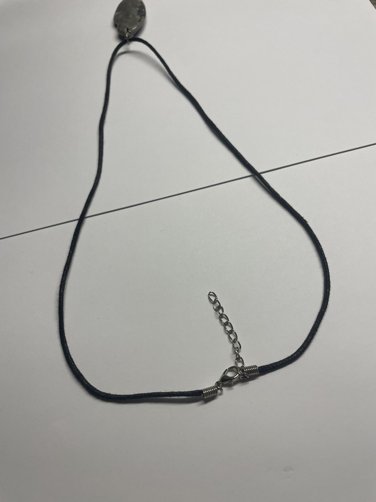 Women’s Grey Natural Stone Pendant / Black Cord Costume Necklace