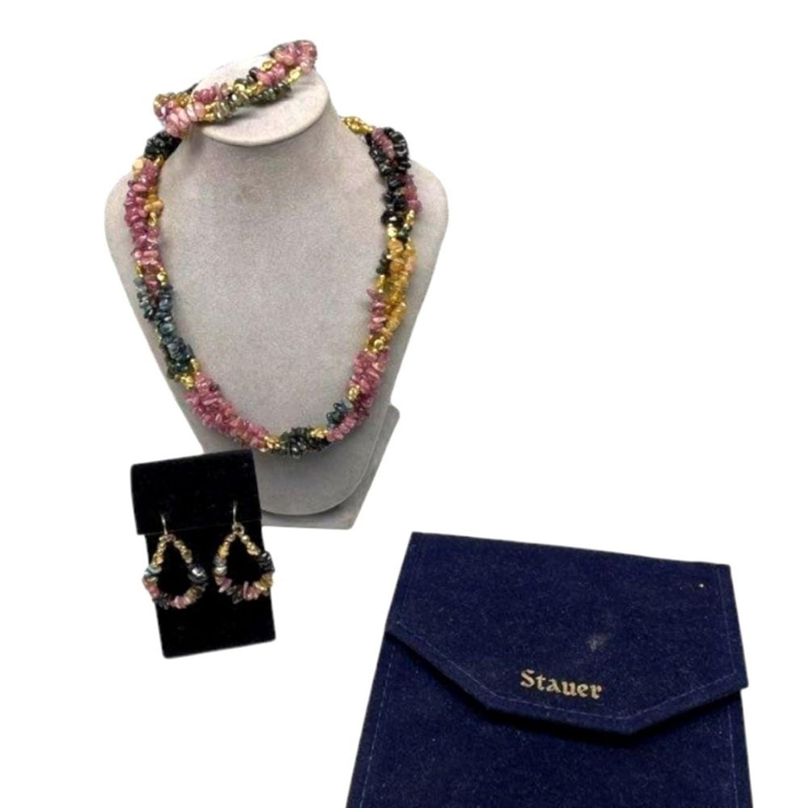 Stauer Rainbow Tourmaline Chip MultiStrand Necklace Bracelet Earrings Set