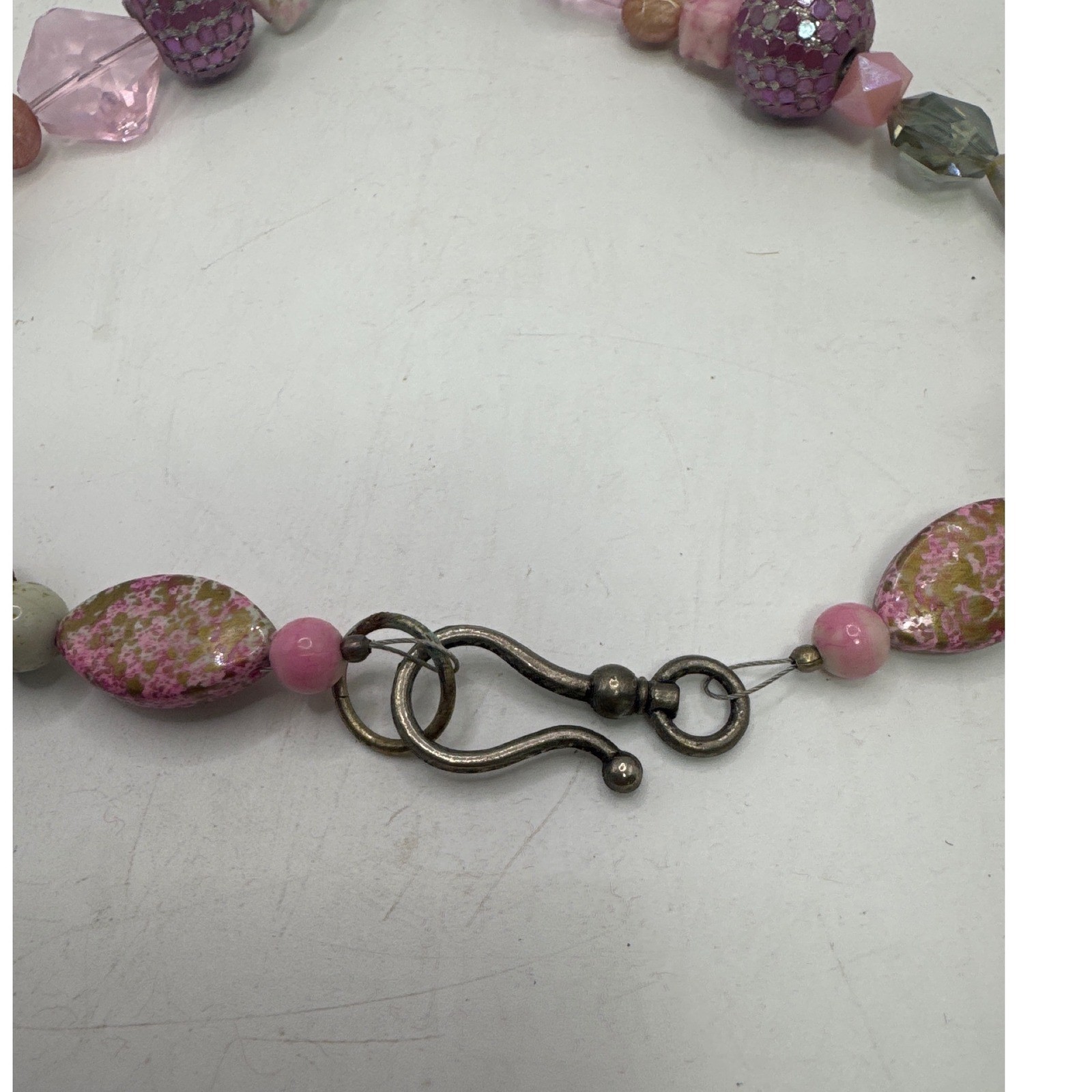 Boho Mixed Bead Flower Pendant Necklace Pink Green Glass Ceramic 23 Inch