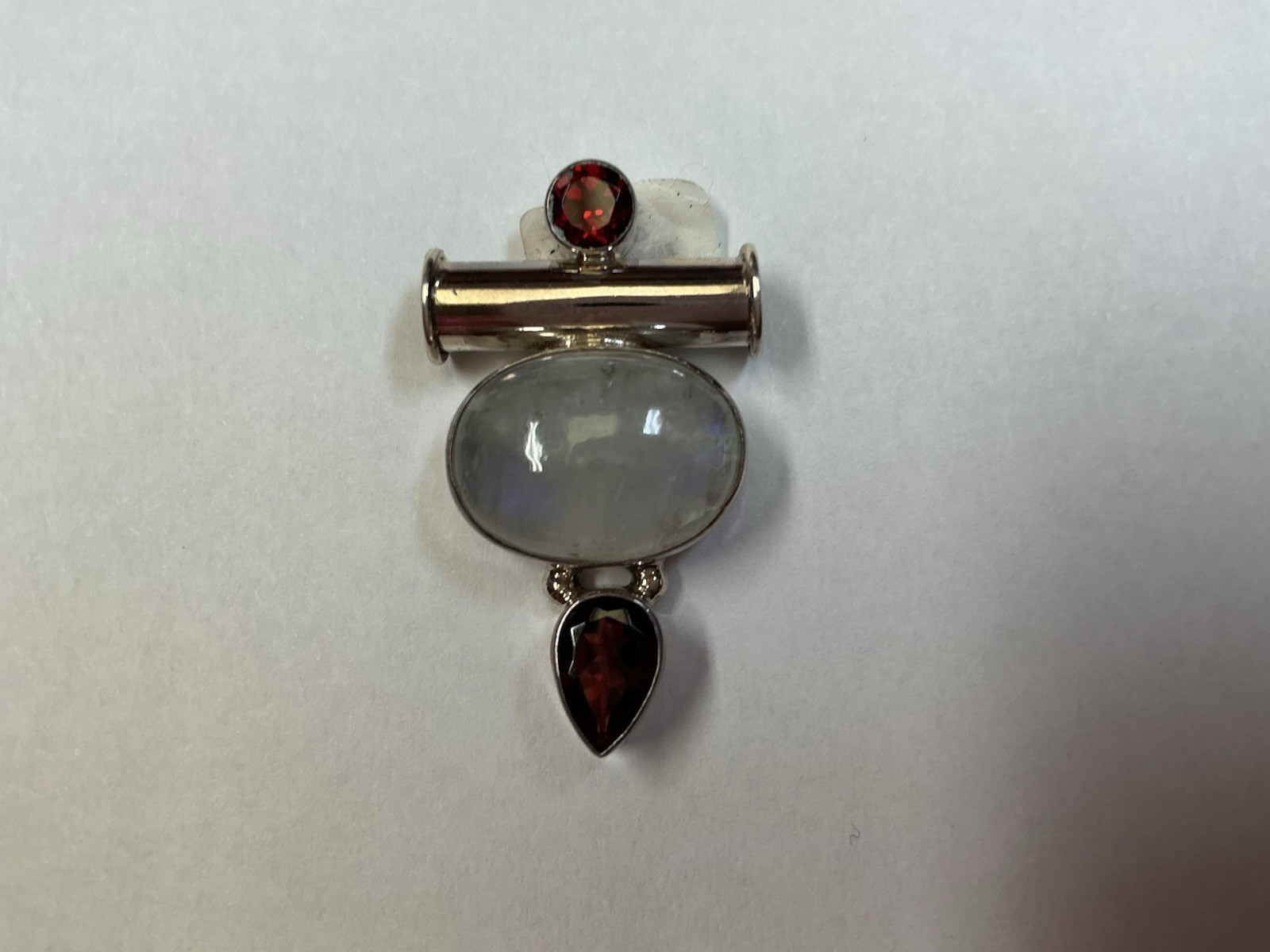 925 Sterling Silver Bar Pendant w/ Natural Gray Oval Moonstone & Garnet 6.88 G