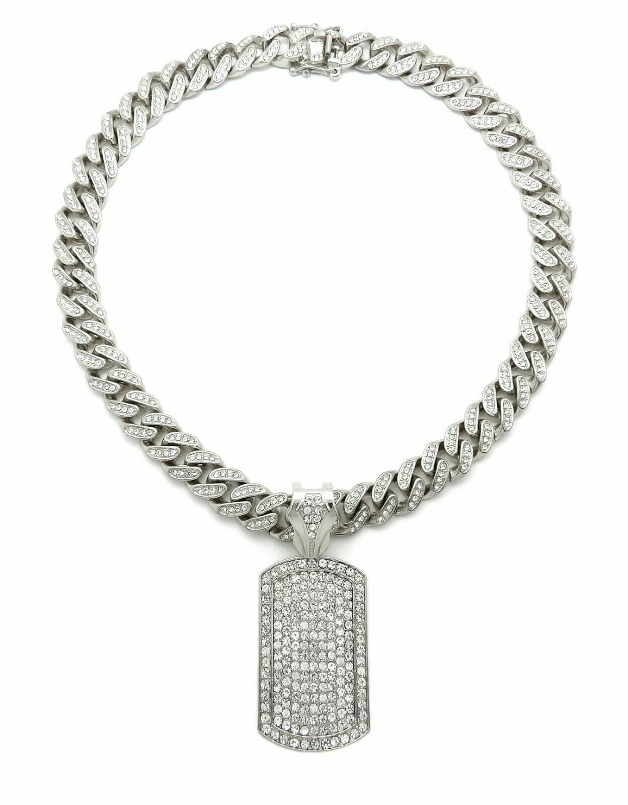 Hip Hop Dog Tag Bling pendant & 12mm 18″ Full Iced Cuban Choker Chain Necklace